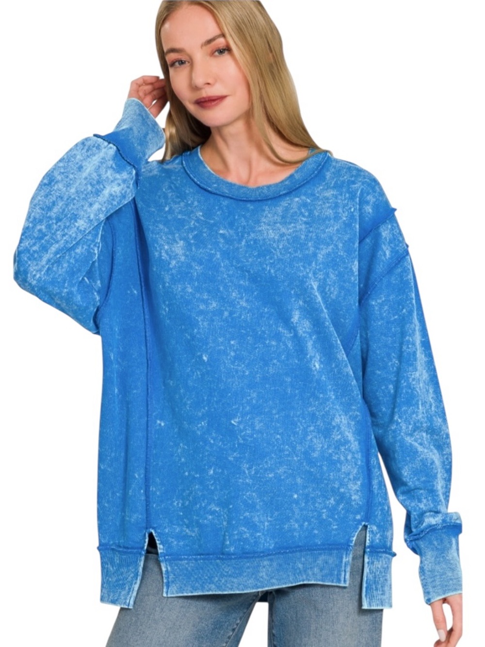 Zenana Ocean Blue French Terry Relaxed Crewneck Cotton Long Sleeve Sweatshirt
